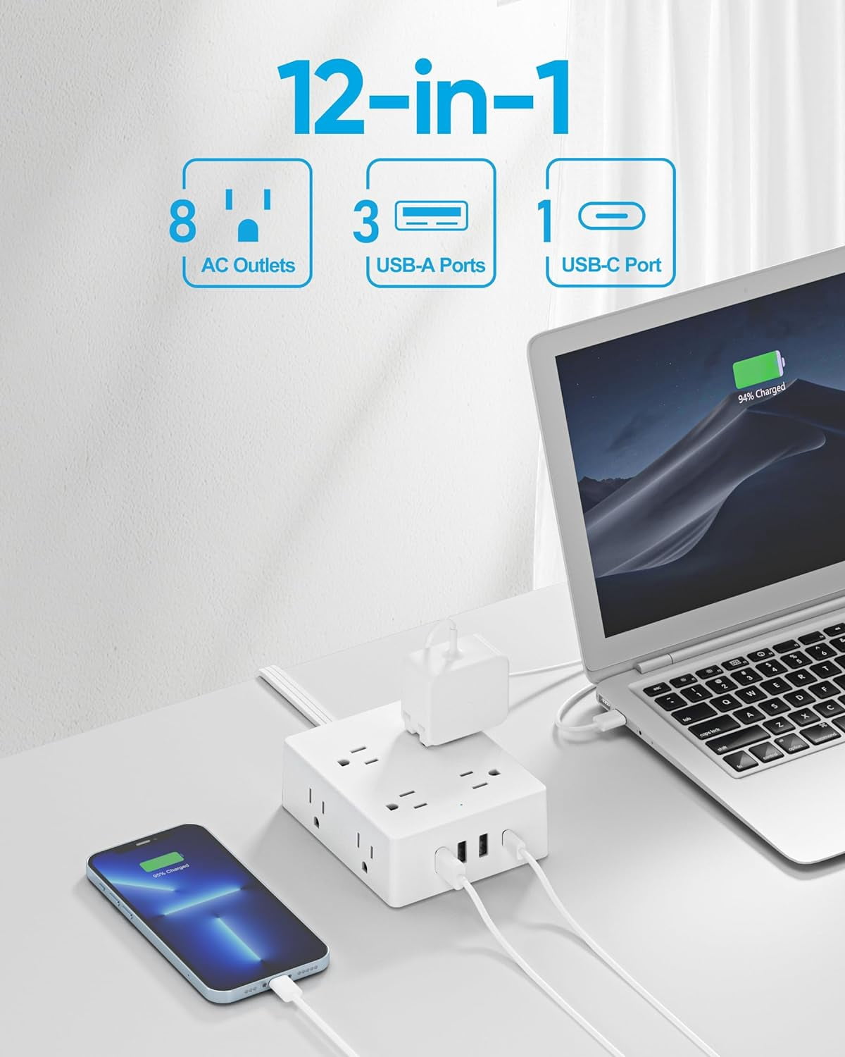 2 Prong Flat Plug Power Strip,  2 Prong to 3 Prong Outlet , 5 FT Flat Extension Cord with 8 Outlets 4  Ports(1  C), 2000J Surge Protector,  to  Plug