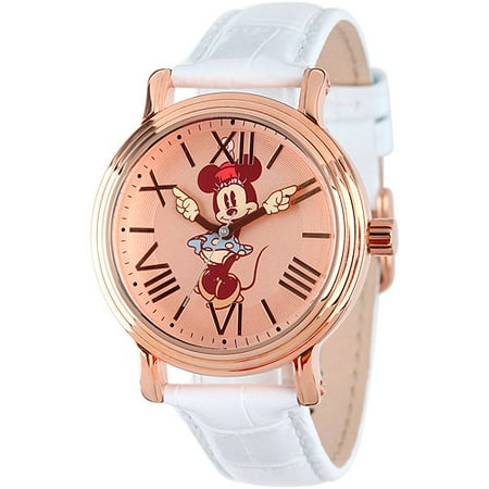 White White Gold Pocket Watch Minnie Mouse Women's Shinny Rose Gold Vintage Articulating Alloy Case Watch, White Leather Strap ()