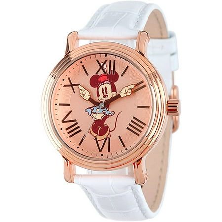 Minnie Mouse Women's Shinny Rose Gold Vintage Articulating Alloy Case Watch, White Leather