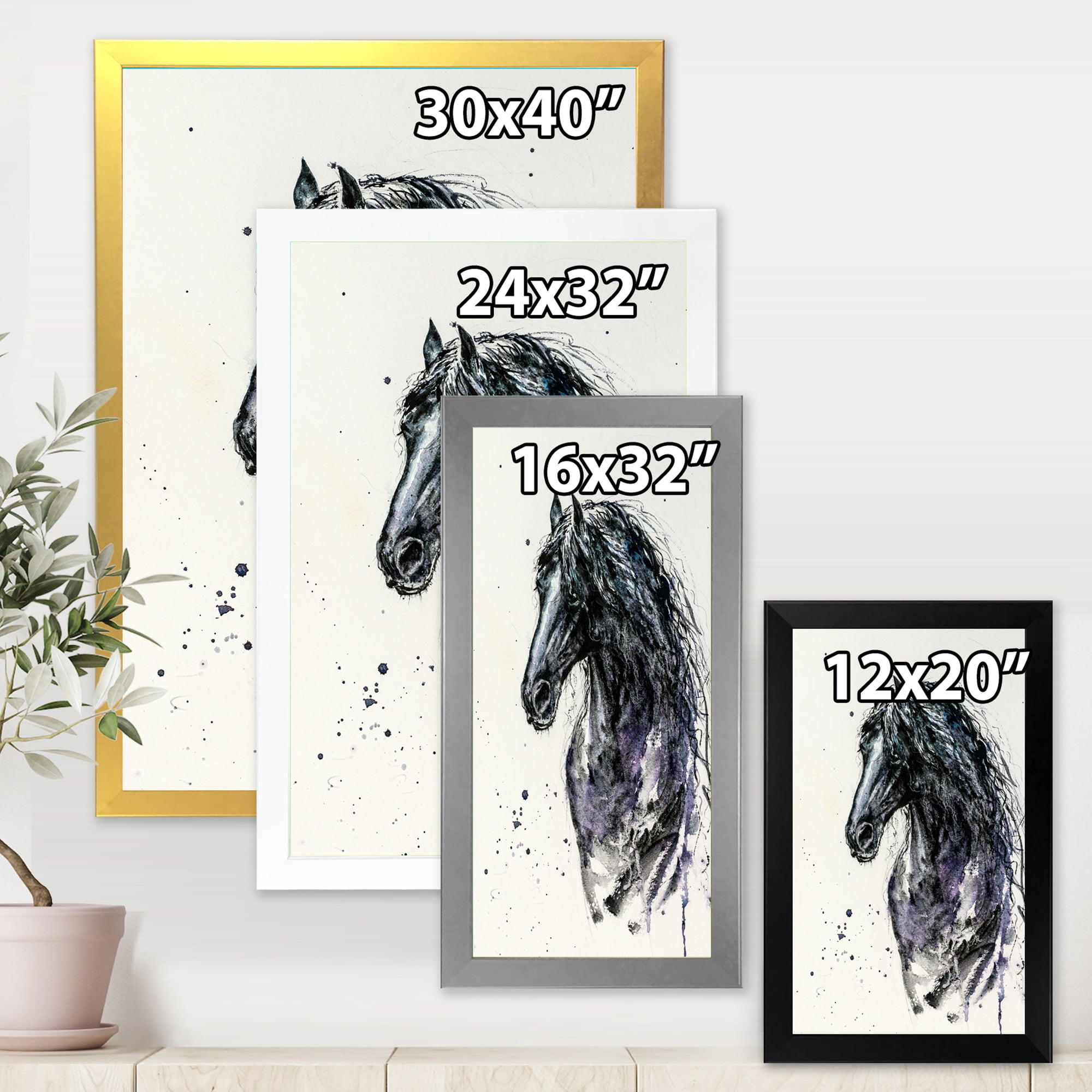 Designart 'Close Up of Friesian Horse With Long Manes' Farmhouse Framed Art Print