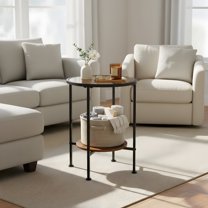 Round Side Table with Tempered Glass Top - Rustic Brown Accent Table