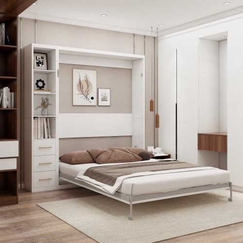Queen Size Murphy Wall Bed with Single Side Cabinet, Invisible Automatic Bed Frame, Space Saving Home Furniture