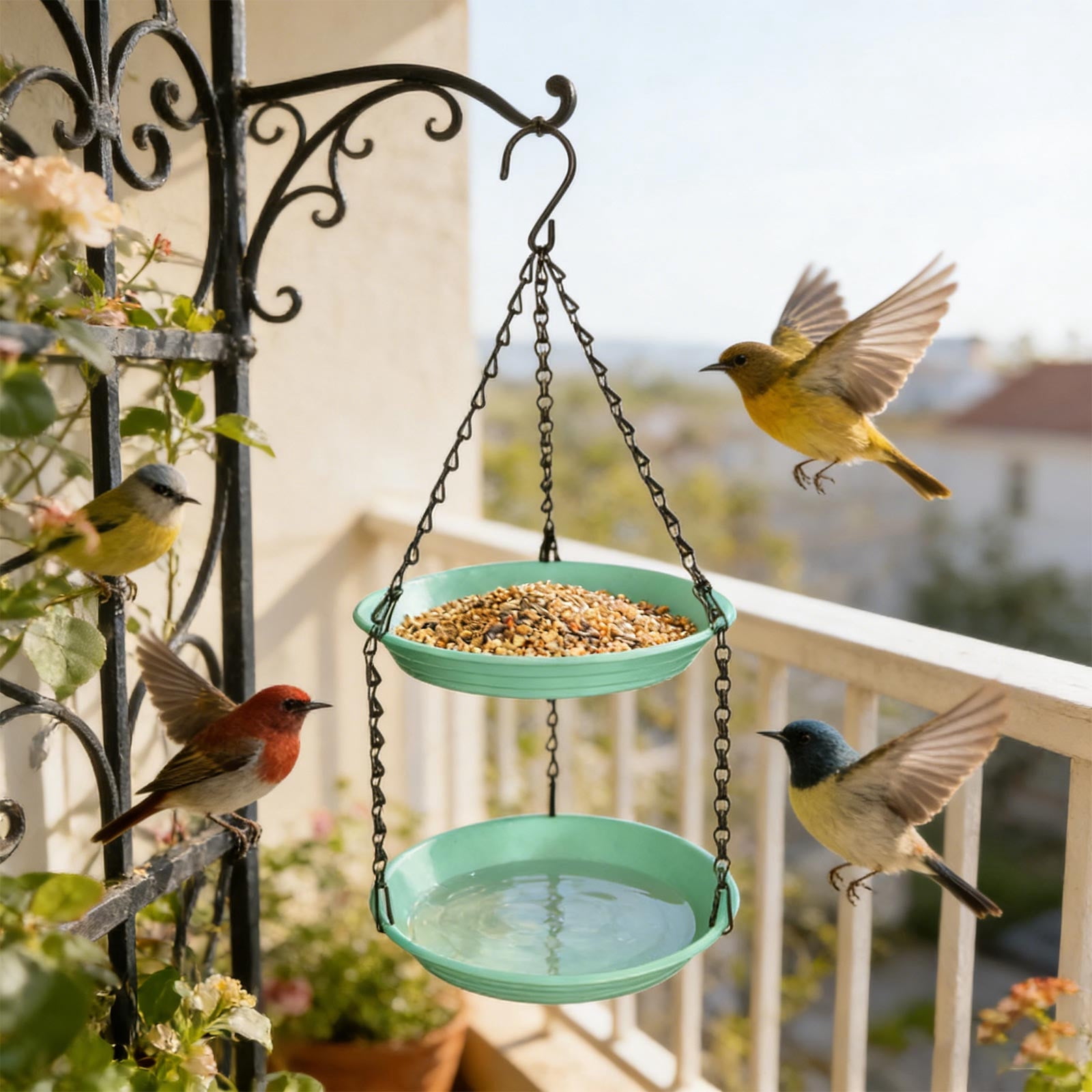 2-in-1 Double Layer Hanging Bird Feeder and Waterer Outdoor Plastic Small Bird Feeding Station with Chain Compact Garden Decor