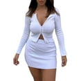 thumbnail image 2 of BLTIBY Womens 2 Piece Outfits Mini Skirt Long Sleeves Zipper Top Bodycon Skirts Casual Stylish Outfits White S, 2 of 6