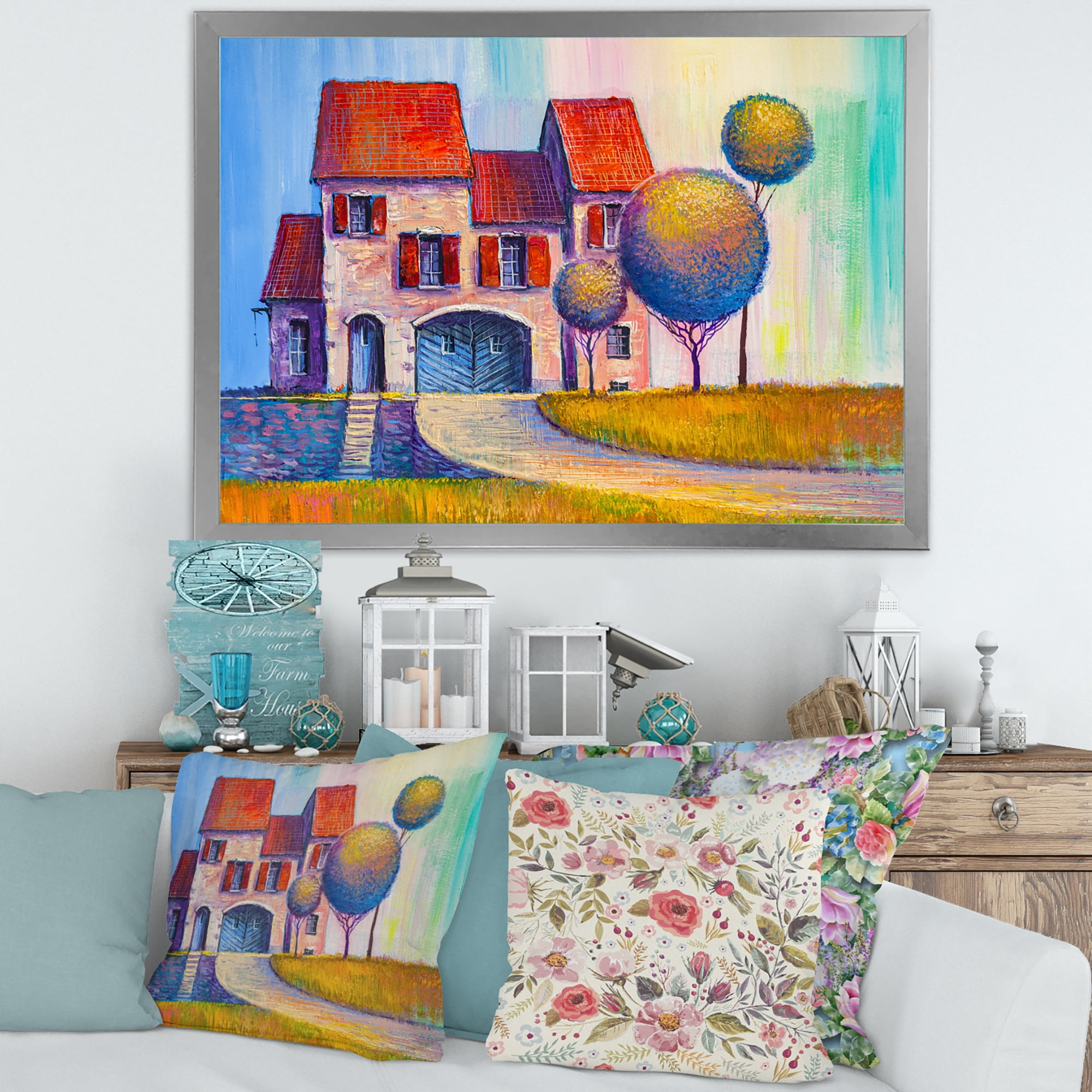 Designart 'A Red Roof House With In The Village' Modern Framed Art Print