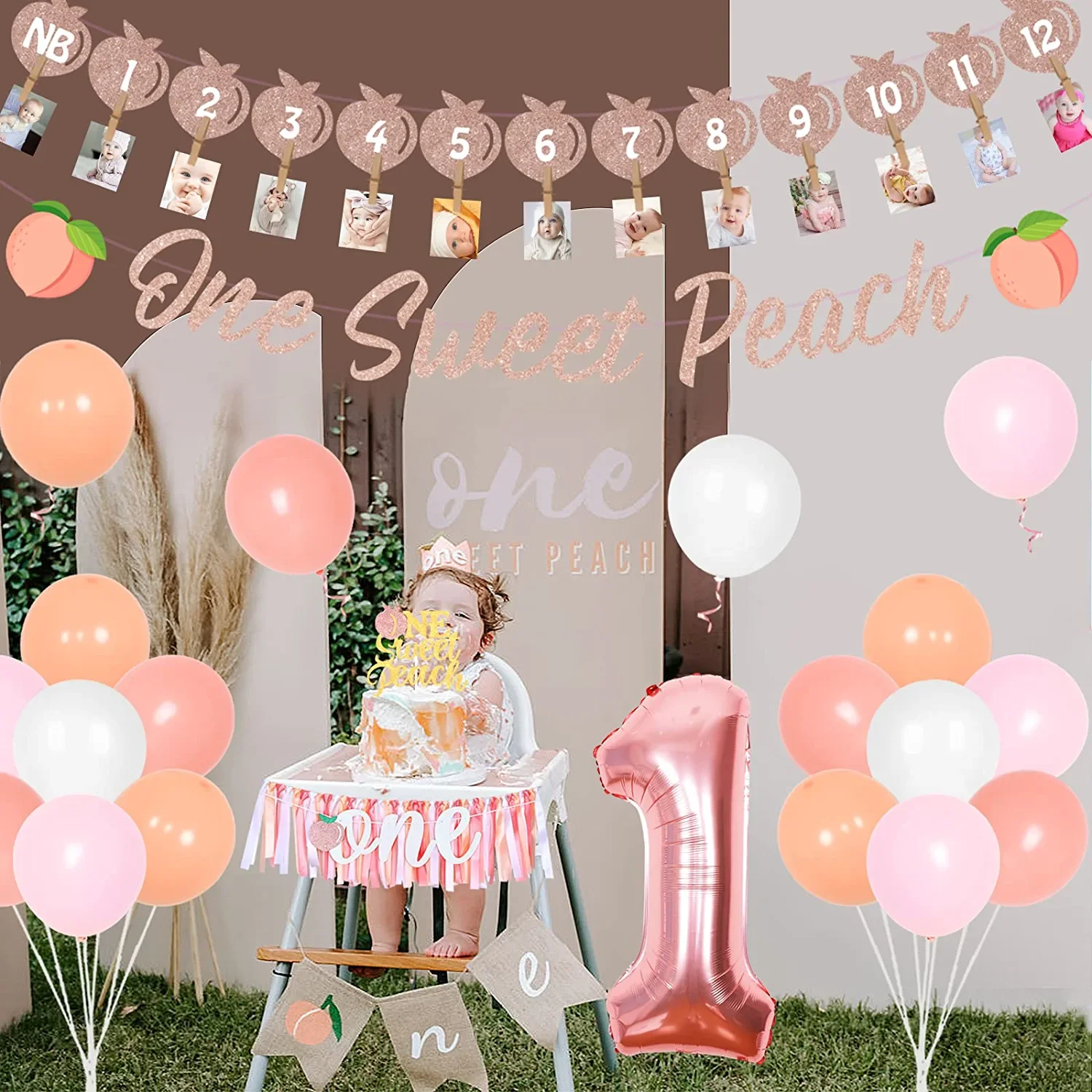 Florcmet 'One Sweet Peach' Cake Topper - Rose Gold, Baby Shower, Birthday, Fruit Theme Decor