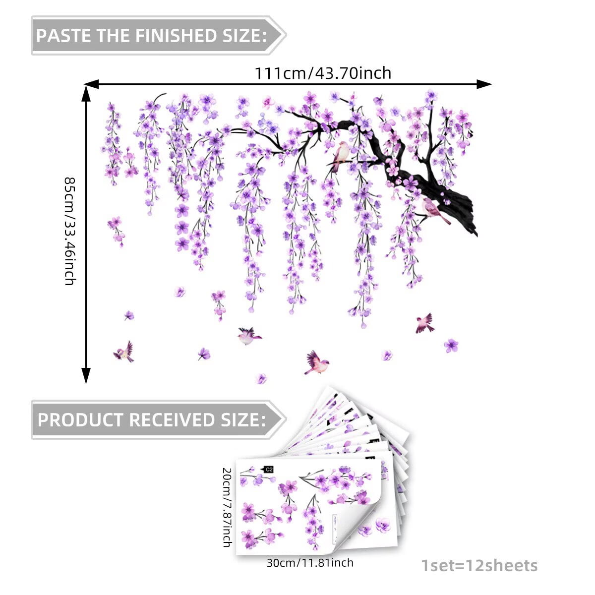 Large Tree Sticker purple Hanging Plants Wall Sticker Birds Flower Branches Wall Art Decals Transparent Wall Murals Peel and Stick Nature for Living Room Bedroom TV Wall glass dec