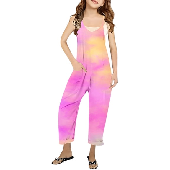 AWZXDE Girls Summer Print V Neck Sleeveless Romper Loose Fit Casual Jumpsuit With Pockets Lightweight Comfortable Jumpsuit For Girls Pink,9-10 Years