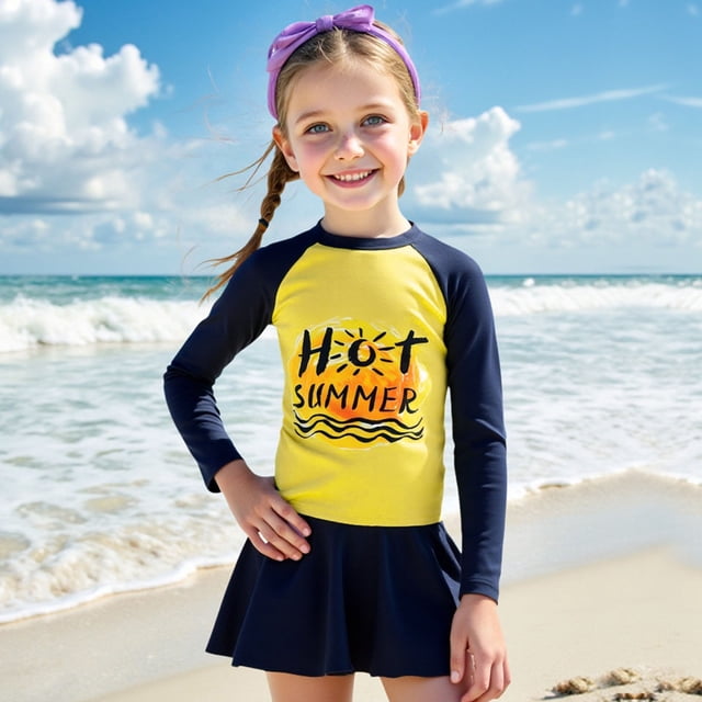 Swimsuit for Girls Toddler Child Girls' Letter Print Color Block Long Sleeve Quick Dry Sun Protection Rash Guard Swimsuit Set Infant Swimsuit Yellow 5 Years-6 Years