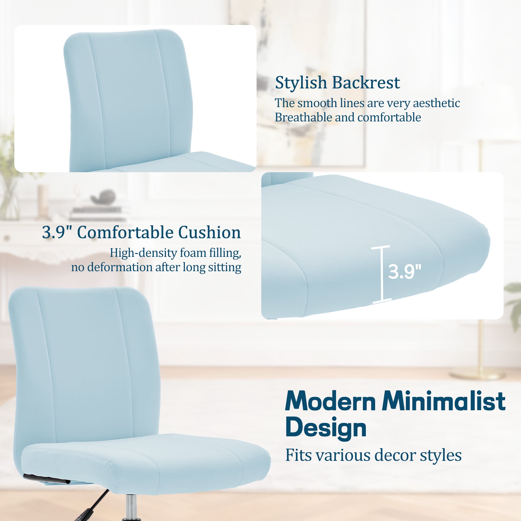 Korser Armless Home Office Desk Chair with Back Modern Vanity Chair with Adjustable Height,360° Swivel Task Chair,Velvet,Blue