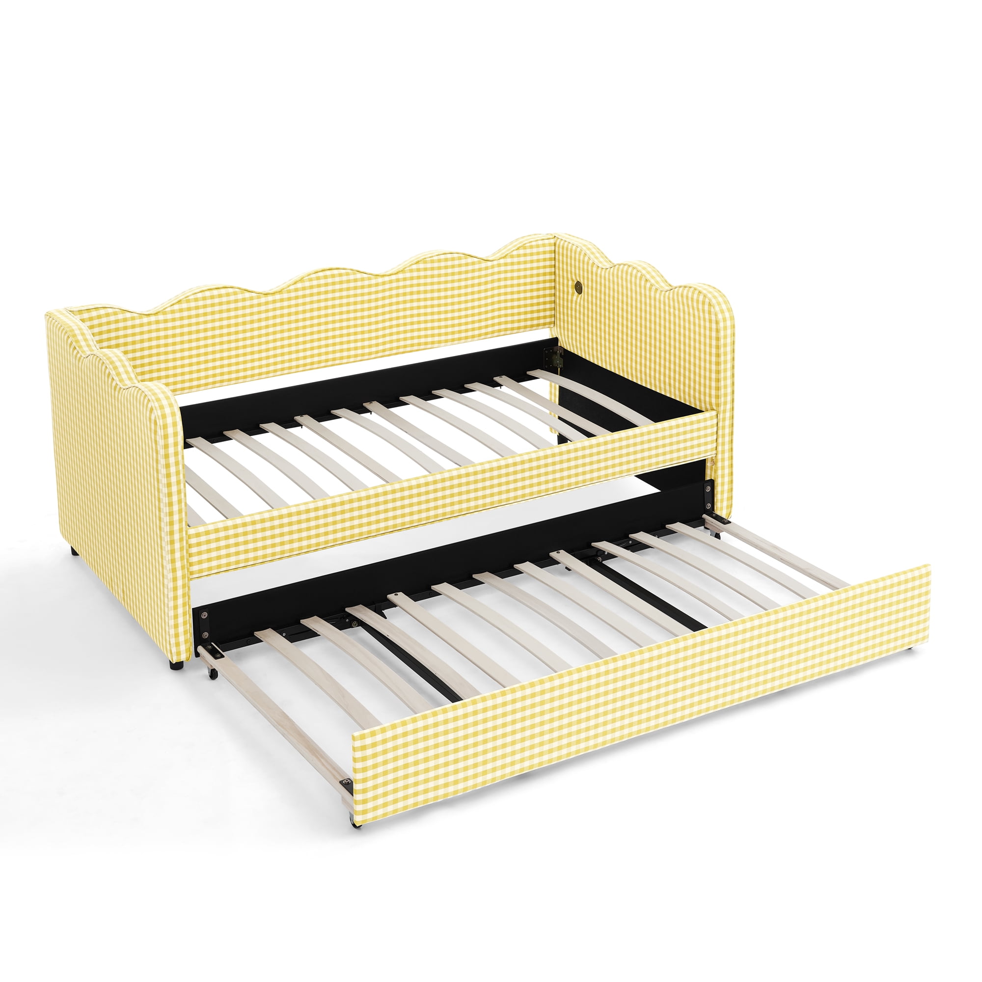 AISWORD Twin Size Gingham Upholstered Daybed, Twin to King Sofa Bed with Pop Up Trundle & USB Ports, No Box Spring Needed, Yellow