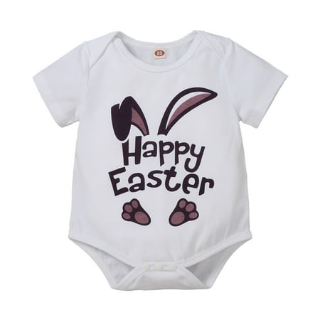 

Toddler Boys Girls Easter Summer Short Sleeve Cartoon Rabbit Prints Triangle Romper Bodysuits