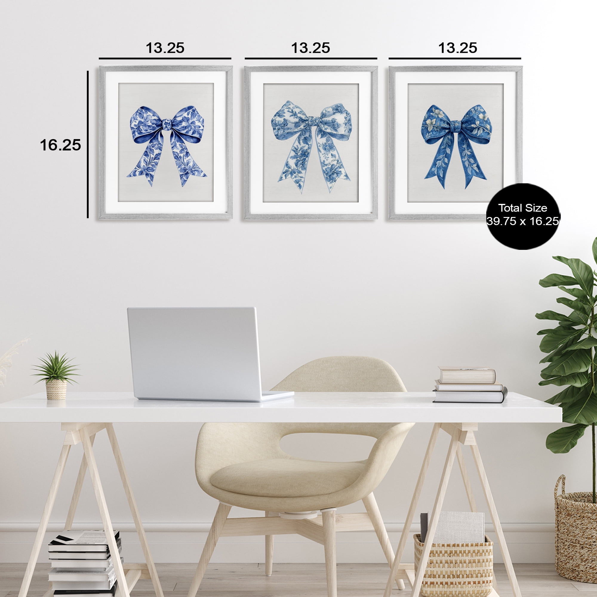 Vintage Toile Pattern Bows 3 Piece Gray Framed Print Under Glass Set, design by Lettered and Lined