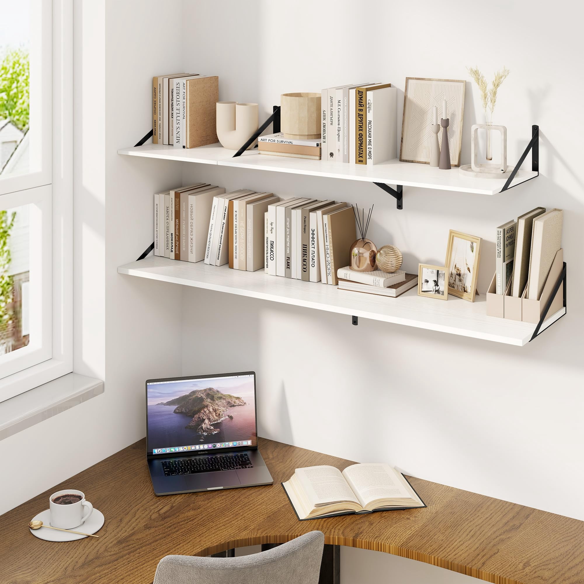 Set of 2 White Floating Shelves, 16x12 Inch Large Wall Shelf with Sturdy Metal Brackets for Living Room, Bedroom, Bathroom & Kitchen