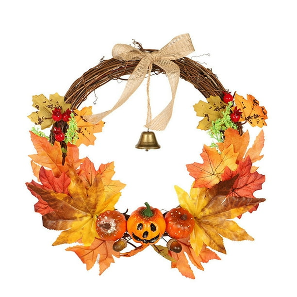Compre 2 y consiga un 10% de descuento Halloween Wreath Bell Wall Hanging Ghost Face Maple Leaf Decoration