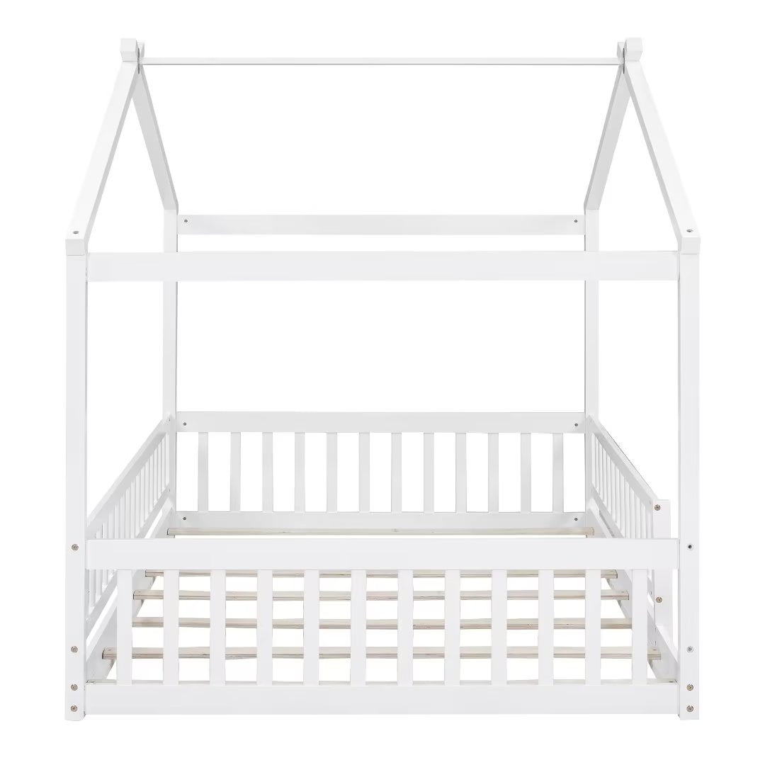 Full Size Montessori Bed for Kids, Wood Floor Bed Frame, House Bed Frame with Fence & Roof, Solid Wood Playhouse Bed for Girls Boys Teens, White