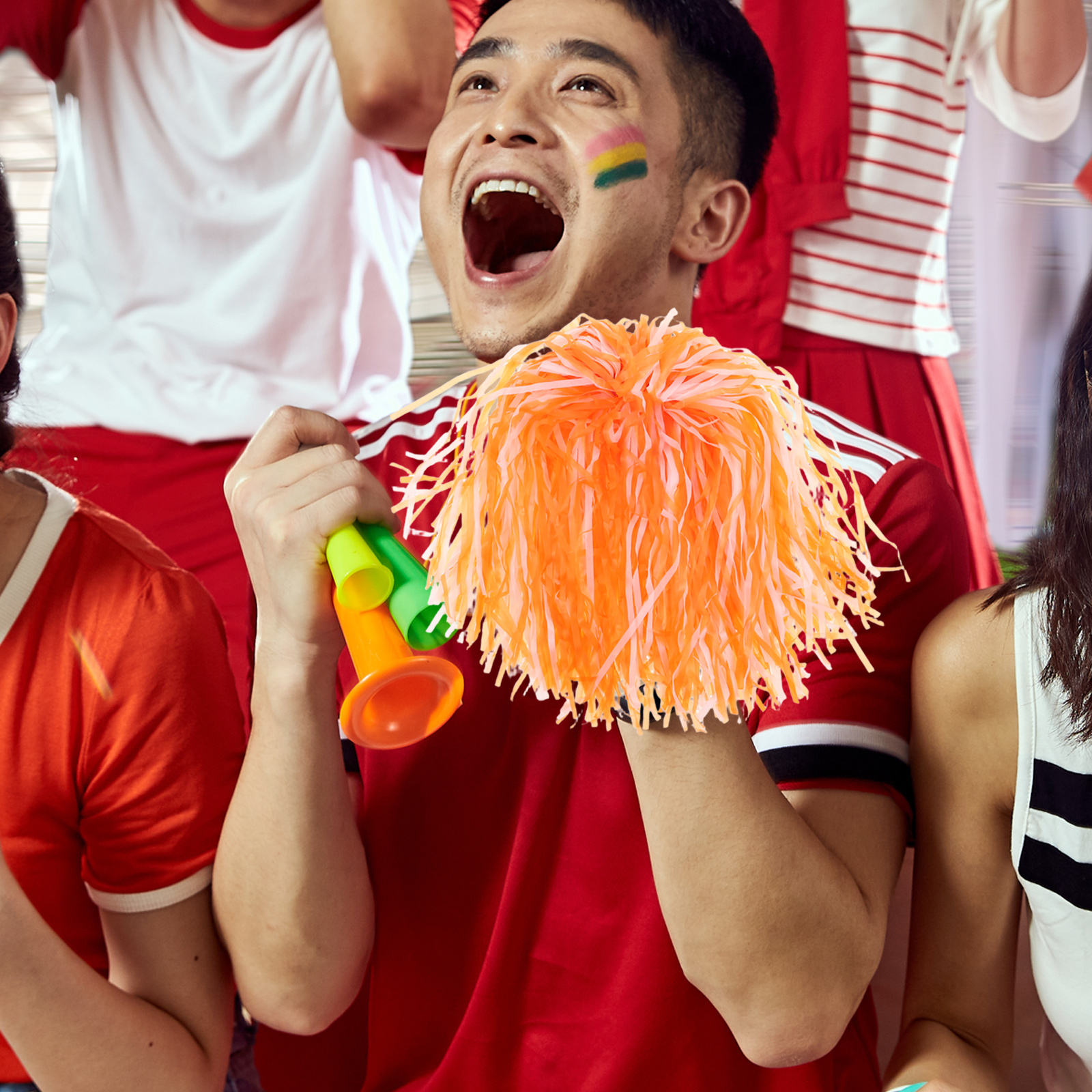 PTOOTP 18-Piece Multi-Color Cheerleader Pom Poms Set, PE Material for Sports Events, Audience Engagement, and Cheerleading Fun