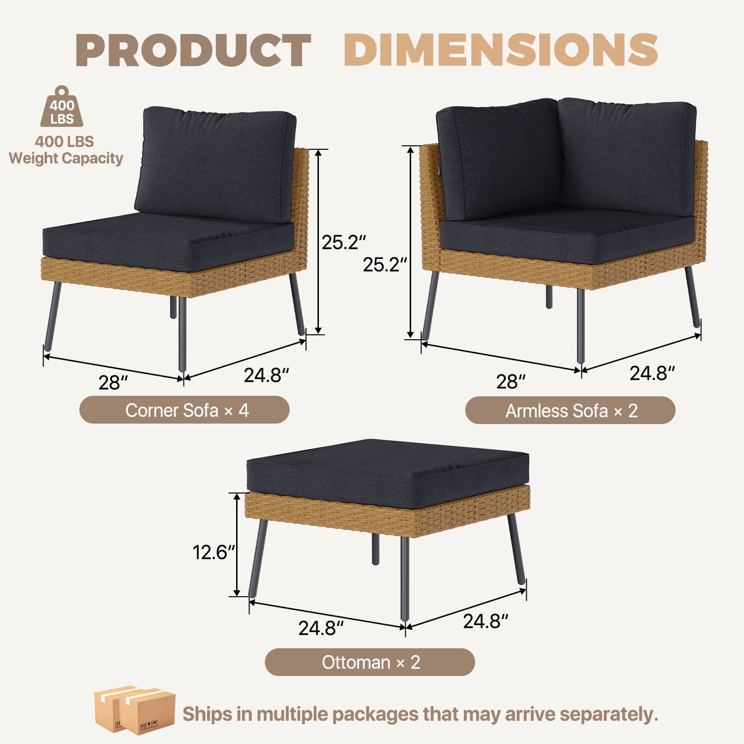 BaPiPro 8-Piece Modular Outdoor PE Rattan Sectional Sofa Set, All Weather Patio Furniture with Removable 4" High Density Cushions & 2 Multifunctional Ottomans for Backyard Garden Courtyard, Black