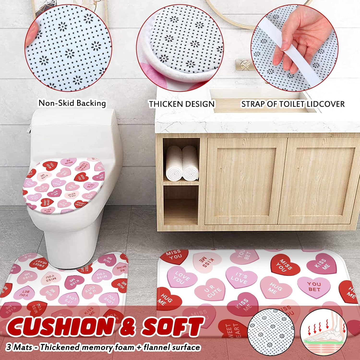 4 Pcs Valentines Shower Curtain Set, Non Slip Rugs Toilet Lid Cover U Shape Bath Mat and 12 Hooks Conversation Heart Pink Bathroom Supplies for Valentines Accessories Decor Set