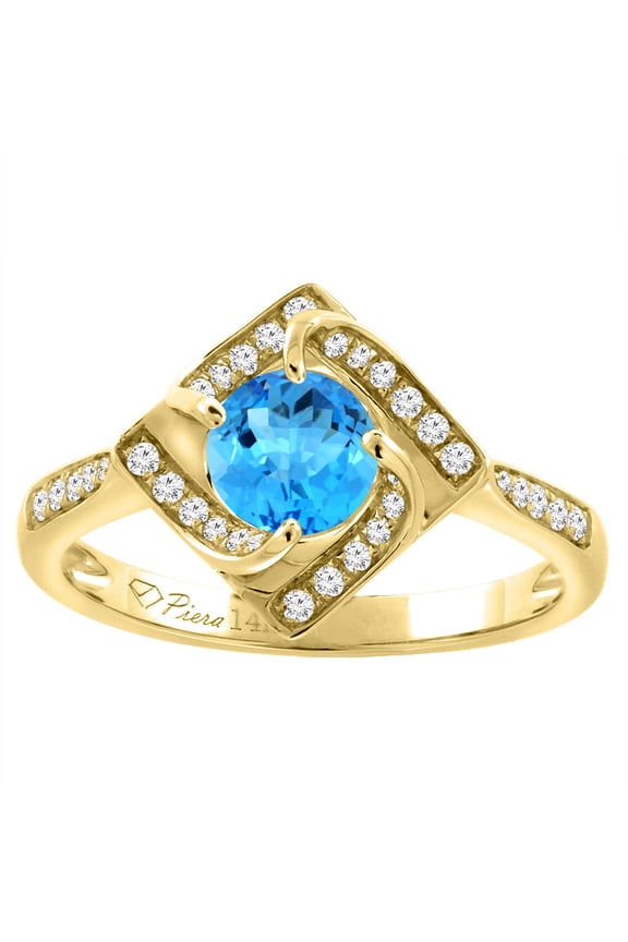 14K Yellow Gold Diamond Natural Swiss Blue Topaz Engagement Ring Round 7 mm, size 6.5