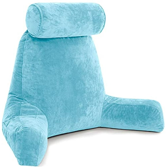 Husband Pillow XXL Carolina Blue Backrest with Arms, Adult Reading Pillow Shredded Memory Foam, Ultra-Comfy Removable Microplush Cover & Detachable Neck Roll, Unmatched Support Bed Rest Sit Up Pillow
