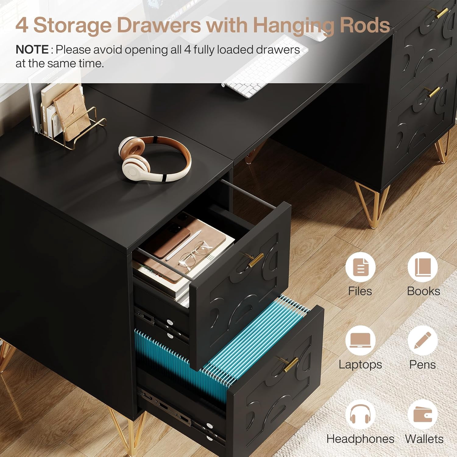 Tribesigns 59-Inch Black Executive Computer Desk with 4 File Drawers Storage, Modern Writing Table