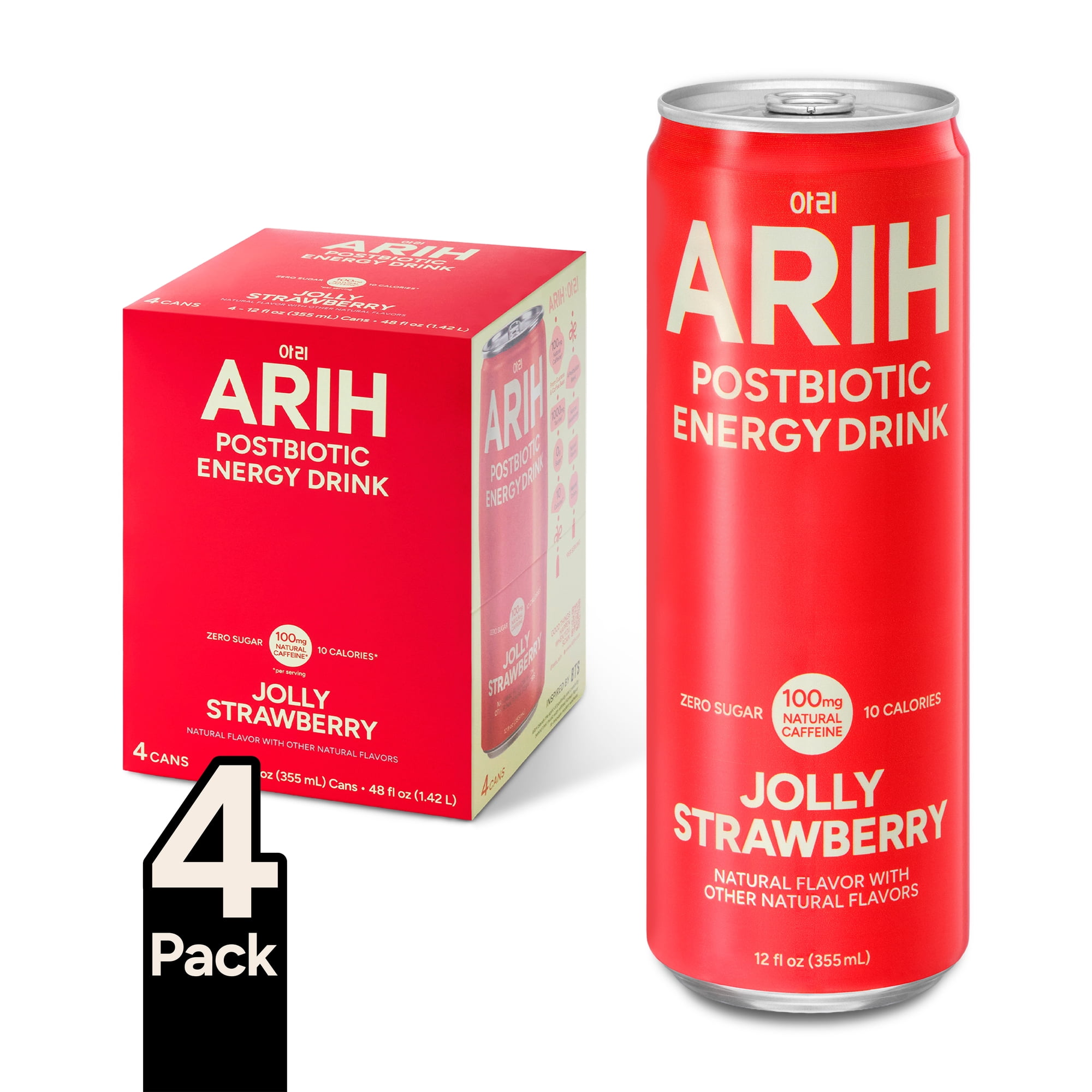 ARIH Postbiotic Energy Drink, Zero Sugar, 100mg Natural Caffeine, Jolly Strawberry, 12 fl oz, 4 Pack