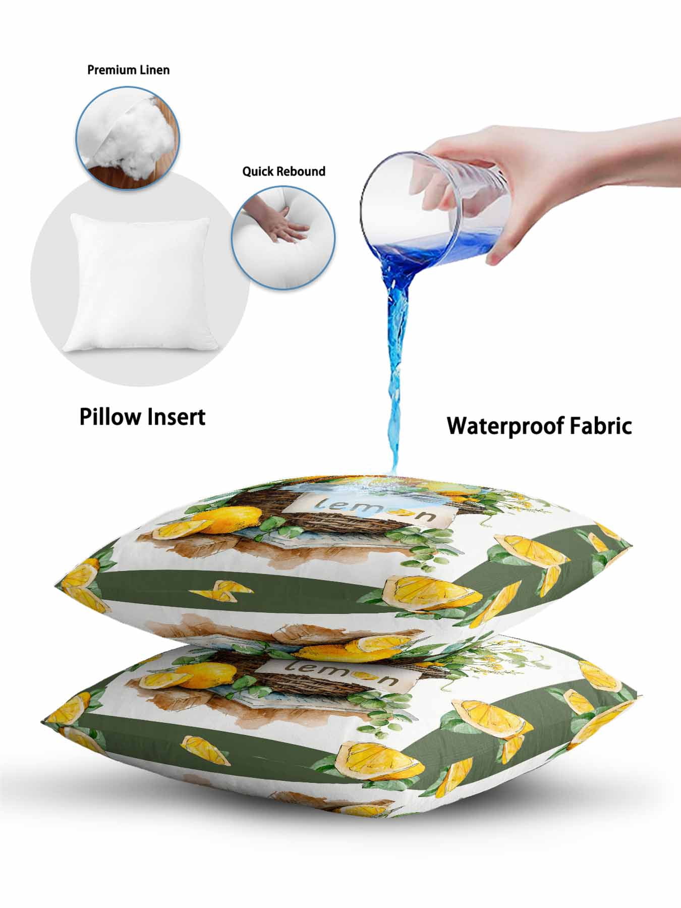 1 Pack Outdoor Pillows Waterproof, Lemon Basket Summer Indoor/Outdoor Throw Pillows with Inserts, Farmhouse Green Lace Eucalyptus Decorative Pillow for Patio Furniture Chairs Couch