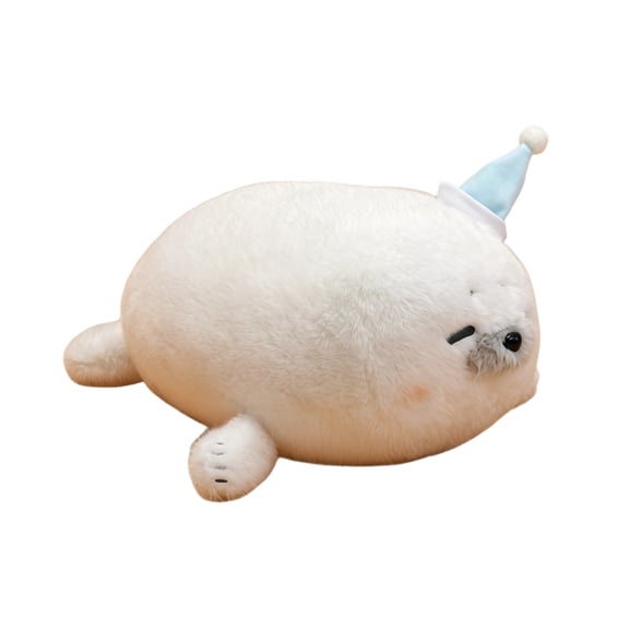 Seal Plush Toy, Cute Soft Stuffed Animal with Blue Party Hat, 11.8 inch 1 Pack Fluffy Sleeping Seal Throw Pillow, Ideal Cuddly Gift for Kids Adults for Nursery Bedroom Sofa Decor Birthday Party Favor