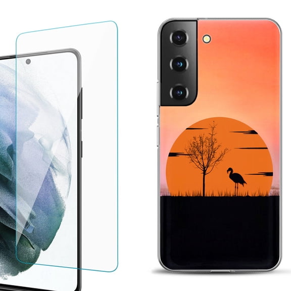 Slim-Fit Fashion Gel Phone Case for Samsung Galaxy S22  5G / S22 Plus 5G, with Tempered Glass Screen Protector, by OneToughShield ® - Sunset Flamingo