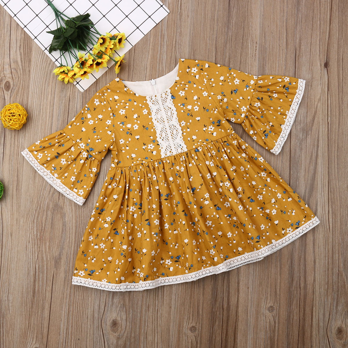 Toddler Kids Baby Girls Dress Floral Print Flare Sleeve Princess Dresses Outfits 