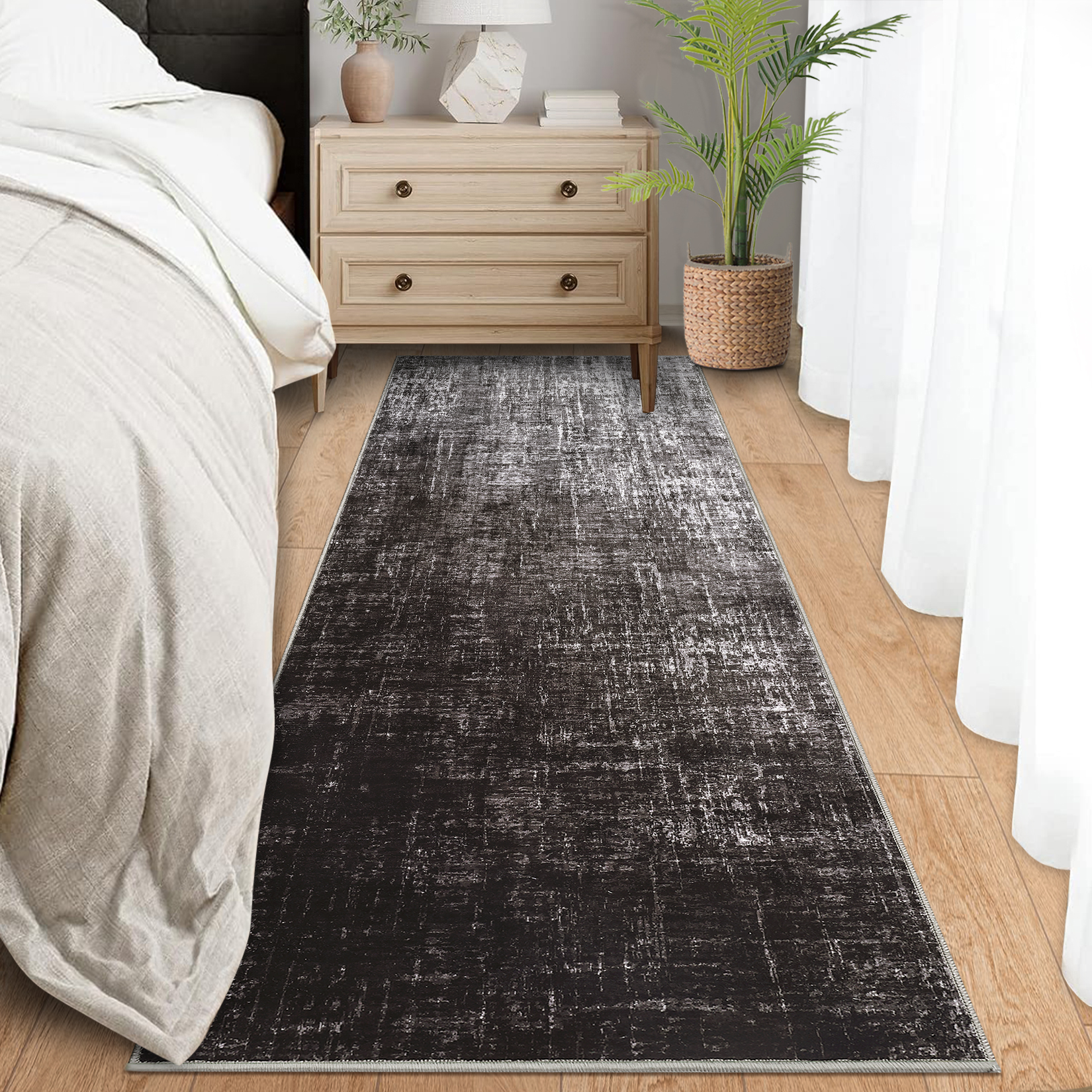 FairOnly 2'x6'Modern Abstract Gradient Color Runner Rug Machine Washable Ultra Thin Low Pile Non Slip Carpet for Hallway Laundry Bathroom,Black Grey