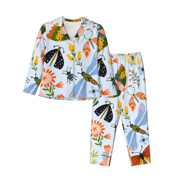 Fotbe Insects and Flowers Conjunto de Pijama de Manga Larga para Mujer con Estampado, Ropa de Dormir de 2 Piezas, Conjunto de Casa Suave y Cómodo con Bolsillos-X-Large