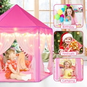 Wilwolfer Princess Castle Kids Indoor Play Tent, Pink Hexagon Fabric Playhouse with Star Lights, Large with Carrying Bag KP-GZ-001-W