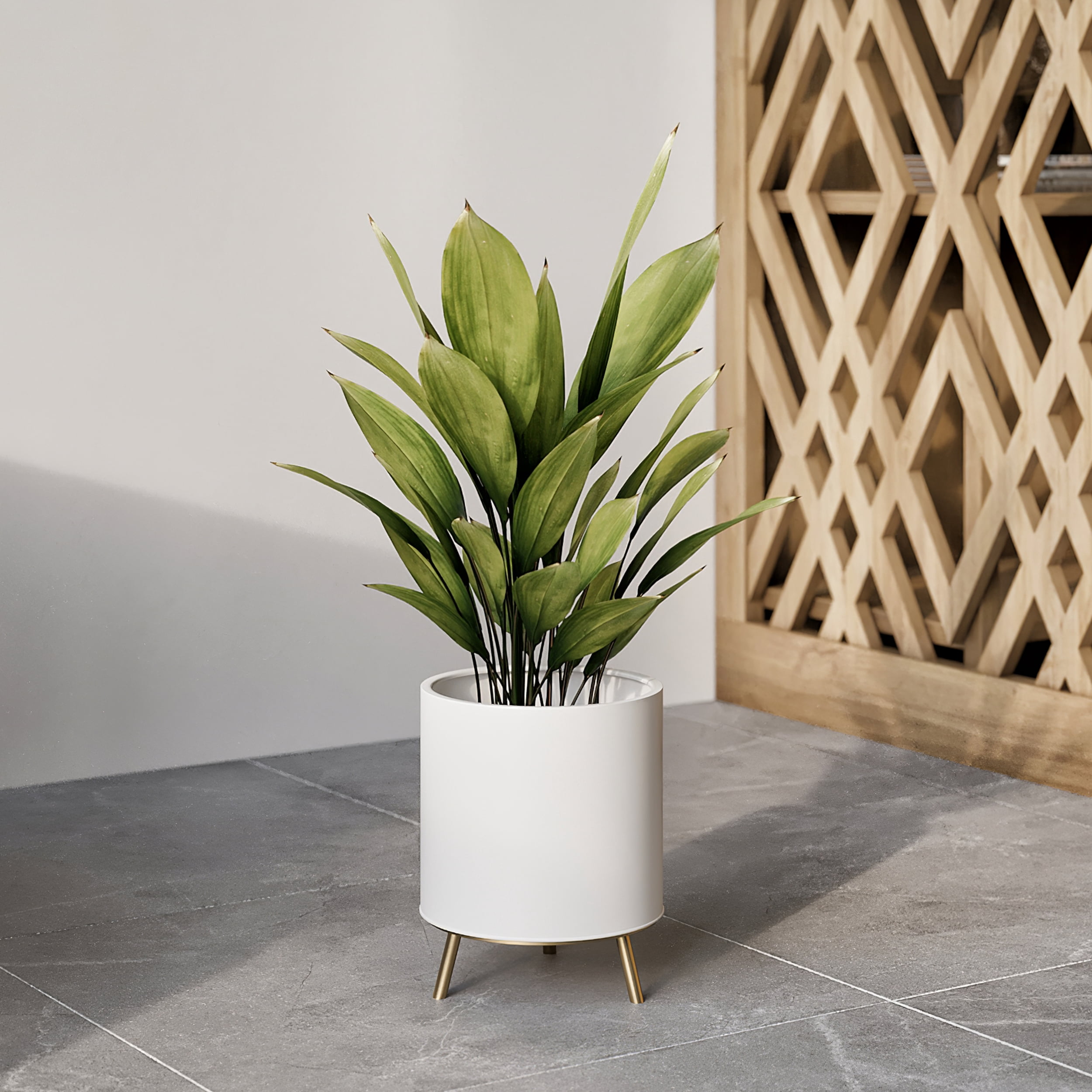 Raya White Mid-Century Modern Indoor Metal Pot Planter with 3-Leg Metal Base - 10.5" H x 8" W