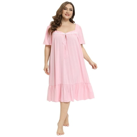 

WBQ Women s Plus Size Nightgown Square Neck Dress Short Sleeve Sleepwear Solid Color Pajamas Dress