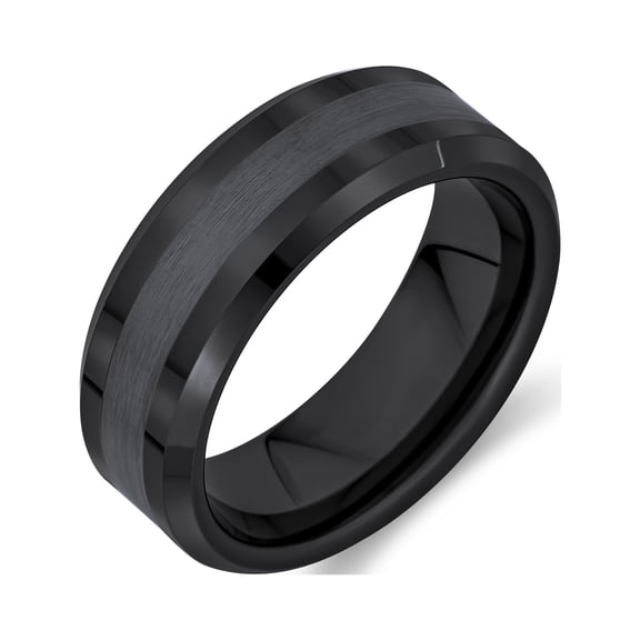 Bling Jewelry Mens Beveled Edge Black Matte Stripe Titanium Wedding Band Ring 8MM Comfort Fit