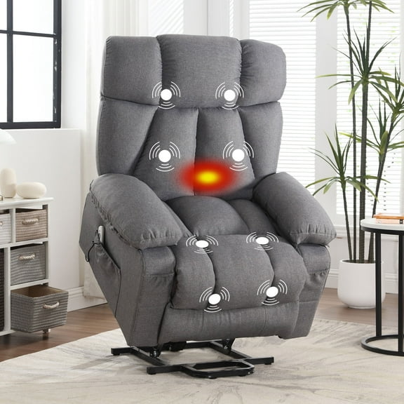 JONPONY Power Lift Recliner Chair with Heat and Massage, Lay Flat Assist Recliner with Side Pocket, USB Charge Port for Living Room，Grey