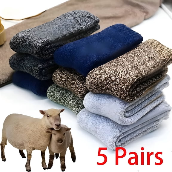 TELOLY 5 Pairs Merino Wool Socks for Men Thick Winter Wool Hiking Socks Warm Breathable Crew Mens Socks (Fit USA Size 7-13)