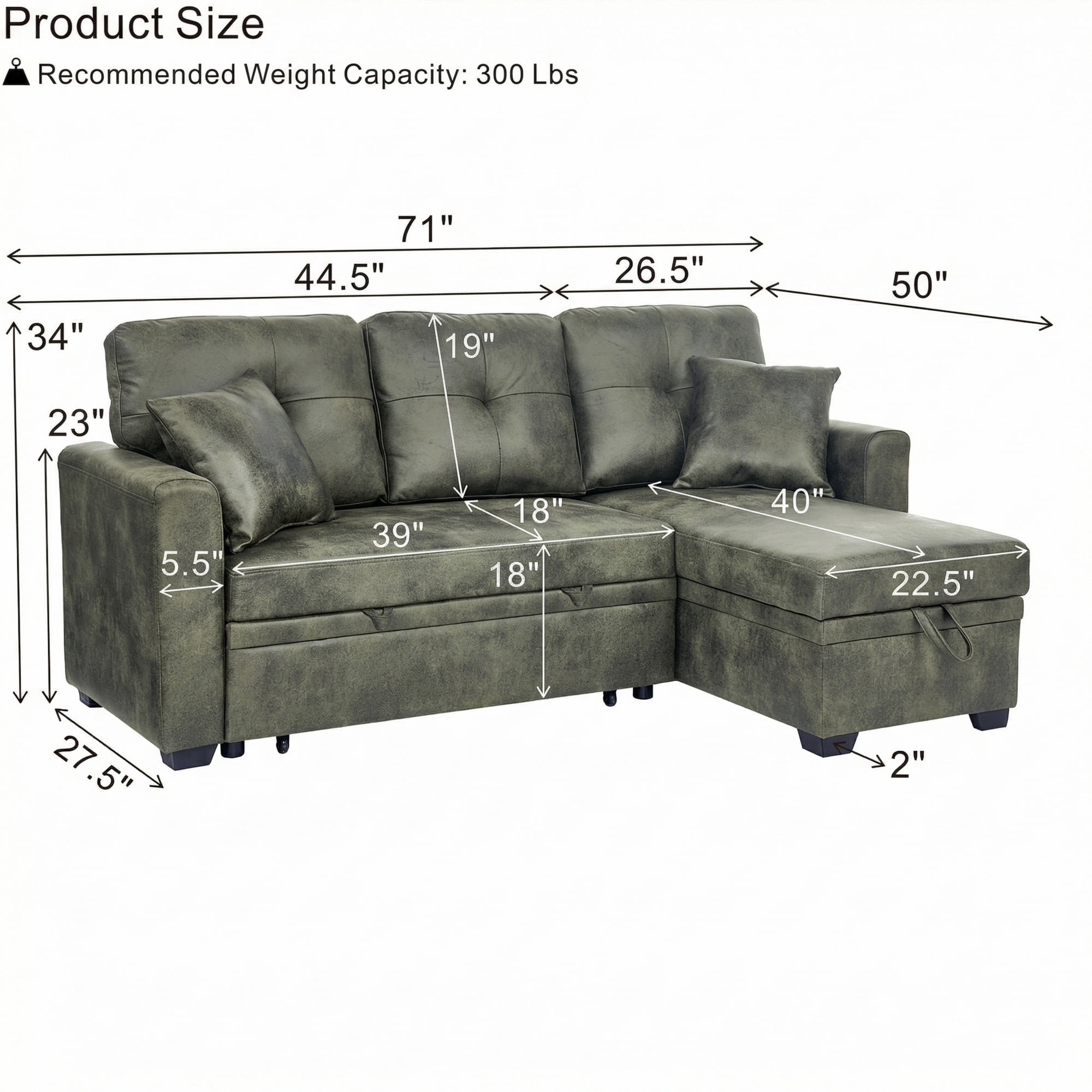 BSHTI 71" Polyester L-Shaped Pull-Out Sleeper Sofa Bed with Reversible Chaise, Hidden Storage for Living Room（Olive Green）