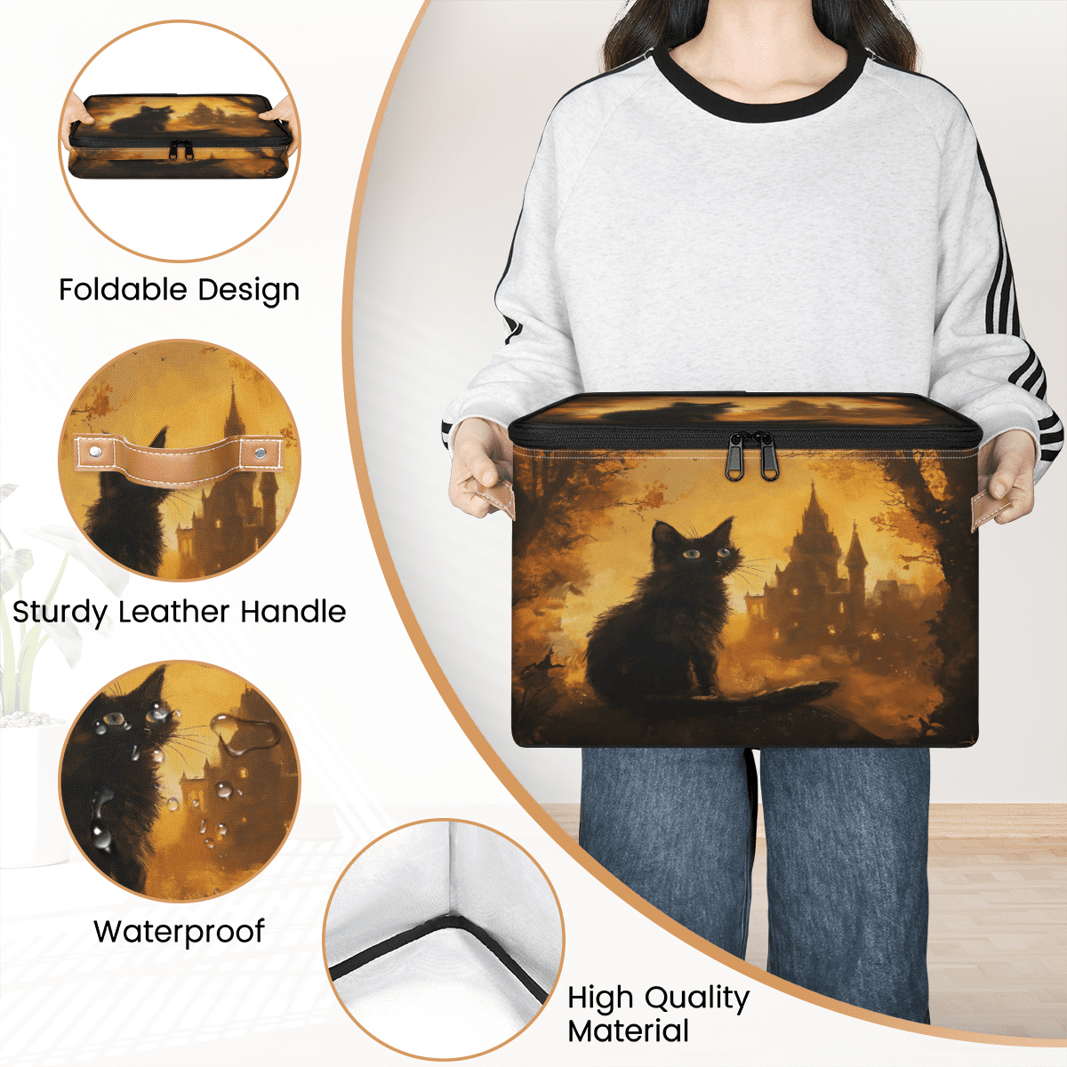 ADECORIVY Black Cat Halloween Storage Bin with Zipper Lid, Fabric Foldable Shelf Baskets Boxes, Closet Lidded Storage Bins, Decorative Clothes Organizer for Bedroom Home