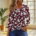 thumbnail image 2 of CYMMPU Loose Fit Tunic Tops 3/4 Sleeve Button up Crew Neck Flower Printed Blouses for Women Dressy Casual Summer Fashion Shirts Spring Tops Plus Size Blouse Wine L, 2 of 7