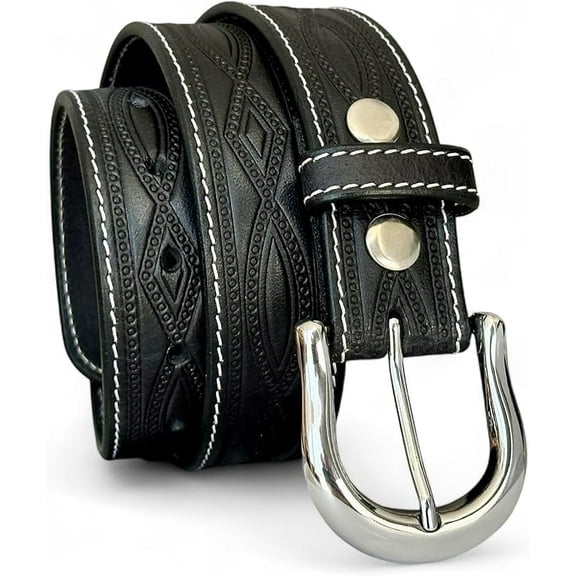 Men's Western Leather Belt Tooled Embossed Handmade Cowboy Belt with Removable Buckle 1.5” Wide