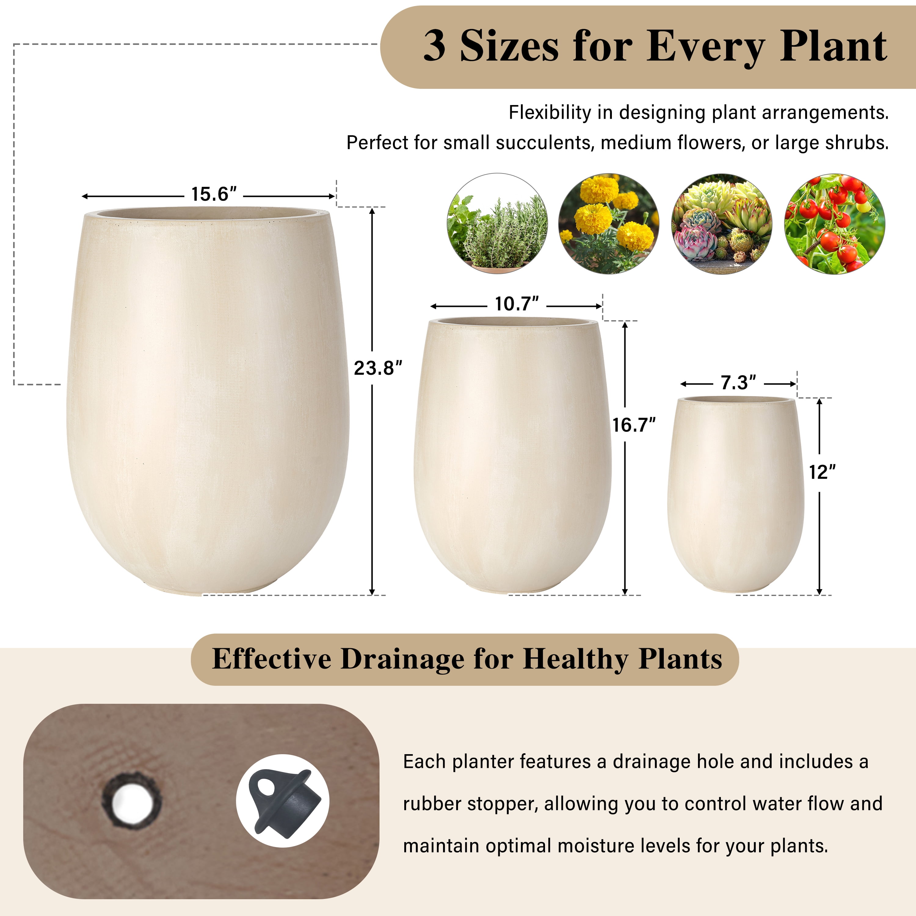 Mintazer Modern Planter Set of 3, 15.6"/10.74"/7.3" Round Stackable Flower Pots with Drainage Holes, Decorative Plant Pots for Indoor & Outdoor, Beige