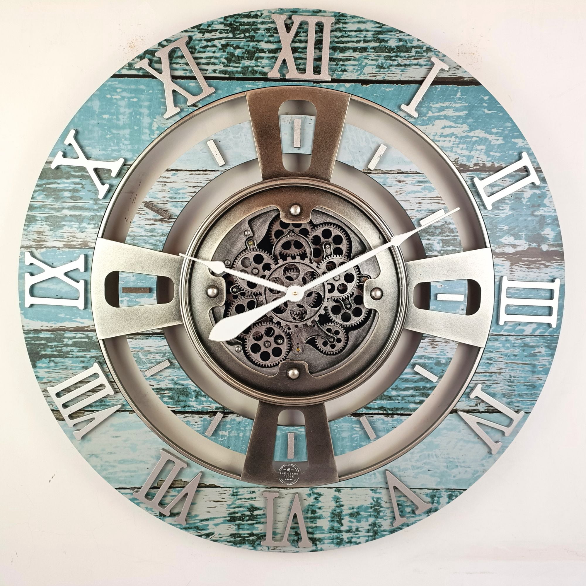 THE GEARS CLOCK Wall Clock with Real Moving Gears EN-LI_ 24 in Round Aqua-Green