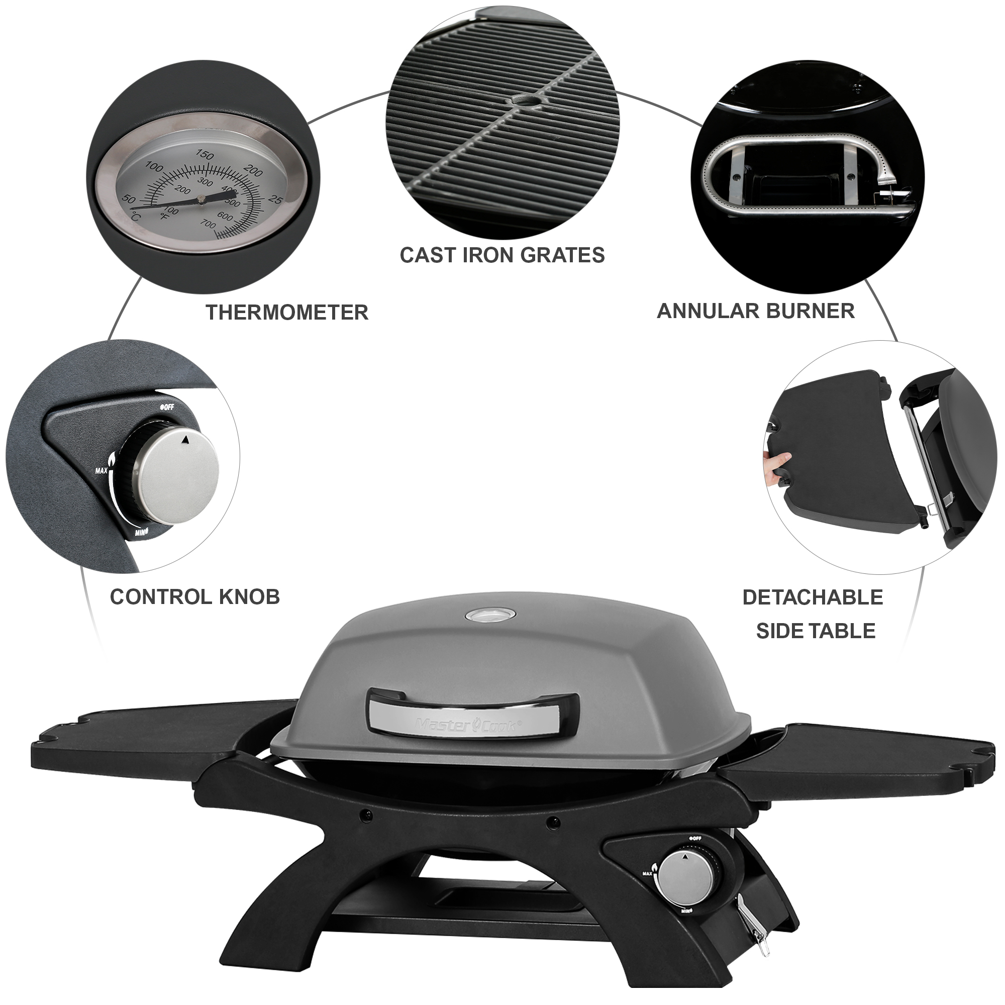 Master Cook Black Propane Gas Tabletop Outdoor Grill with Built-in Thermometer
