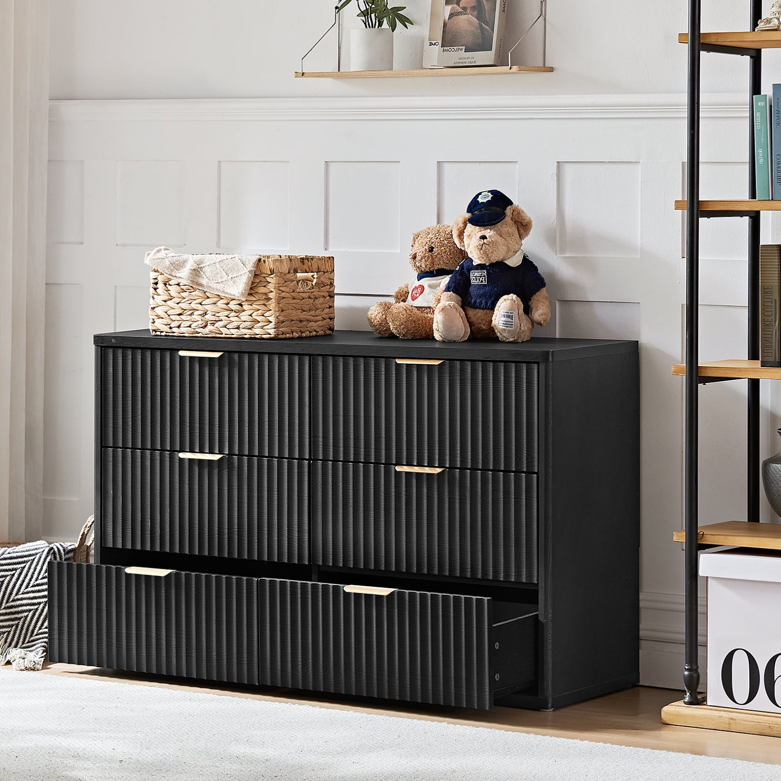 LELELINKY Fluted Dresser for Bedroom, Modern Wooden 6 Drawer Dresser, Storage Cabinet Chest of Drawers for Living Room Hallway, Black
