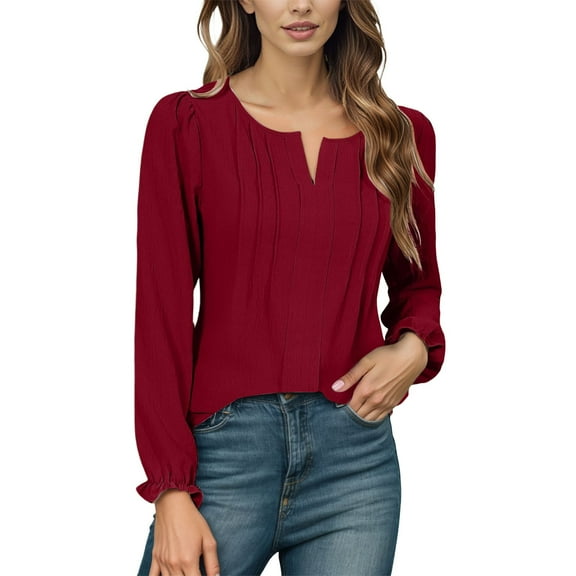 EDFBUYKRS Womens Long Sleeve Tops Sweater Shirt Crew Neck Ruffle Sleeve 2026 Fall Casual Loose Smocked Blouse T Shirts Beige S