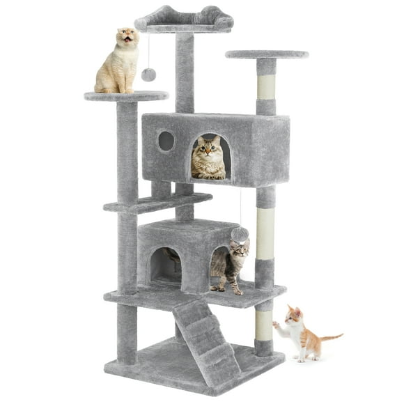 edx 54" Cat Tree Tower, Multi-Level Pet Indoor Furniture with Scratching Post, Large Condo, Climbing Ramp for Kitten, Light Grey