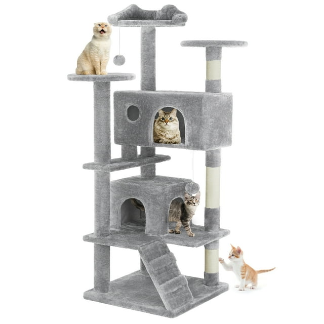 edx 54" Cat Tree Tower, Multi-Level Pet Indoor Furniture with Scratching Post, Large Condo, Climbing Ramp for Kitten, Light Grey